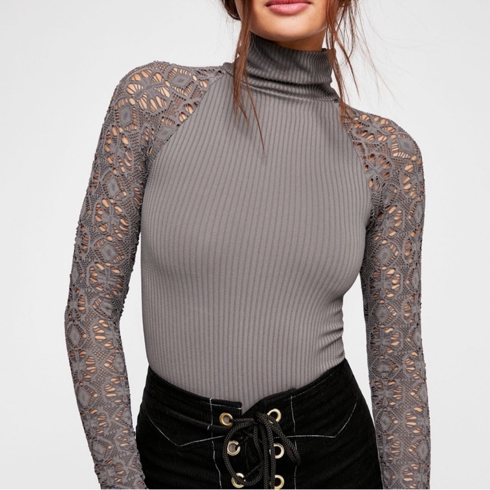 Free People Gray Lace Sleeve Blouse